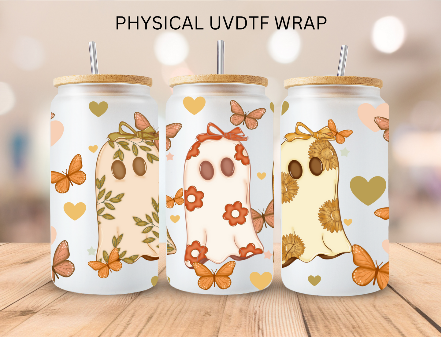 Halloween Floral Boho Ghosts - 16 oz / 20 oz Libby UV DTF Wrap