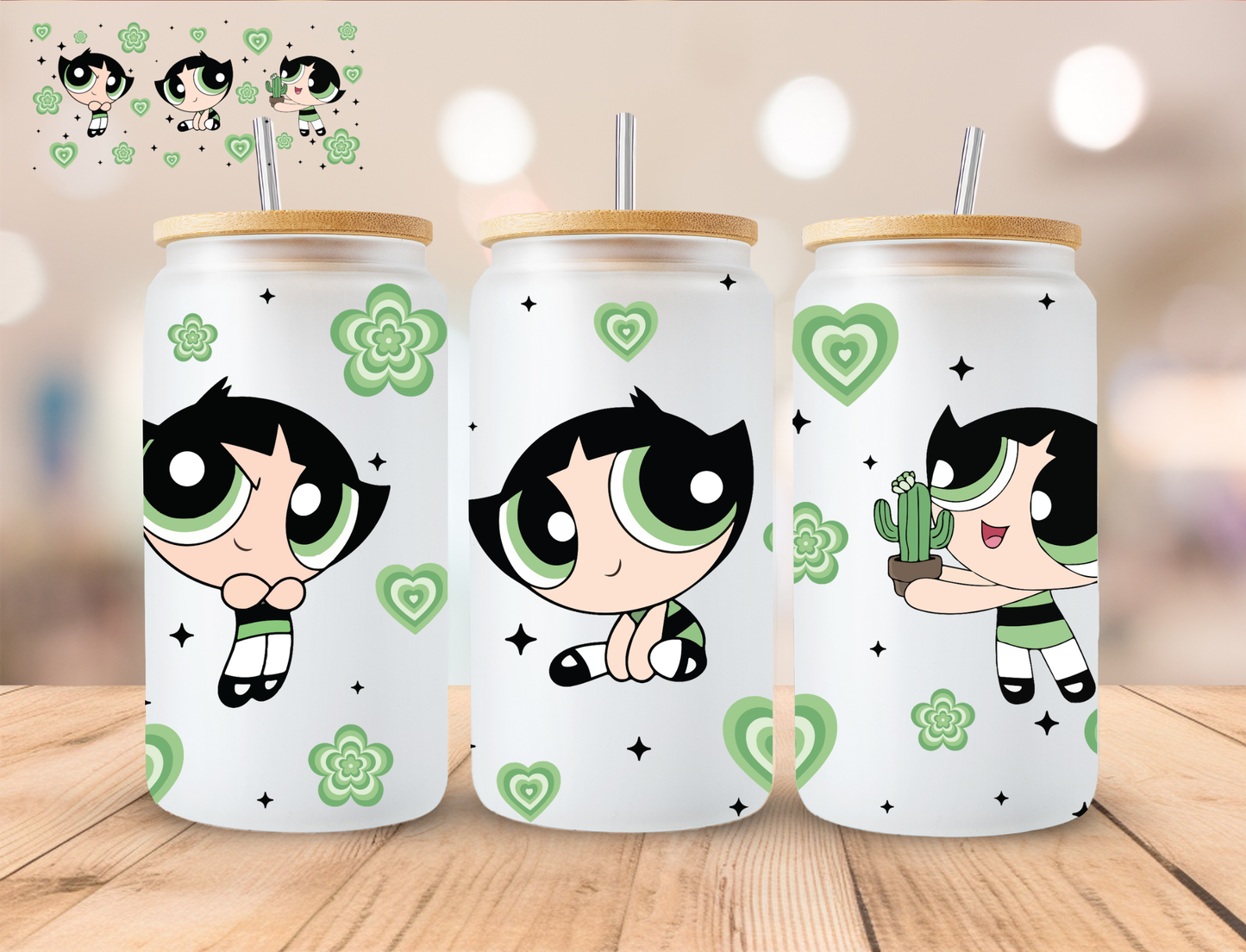 Green Heart Puff Girl - 16 oz / 20 oz Libby UV DTF Wrap