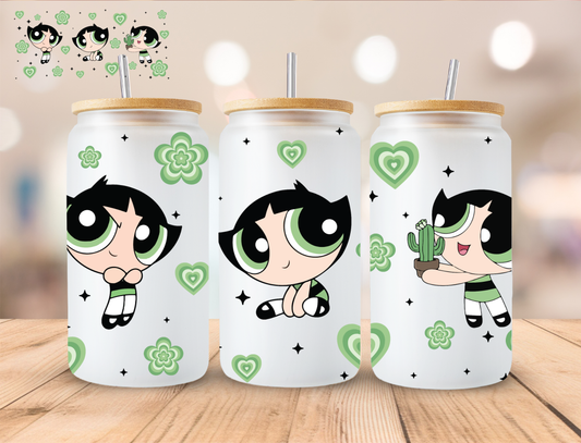 Green Heart Puff Girl - 16 oz / 20 oz Libby UV DTF Wrap