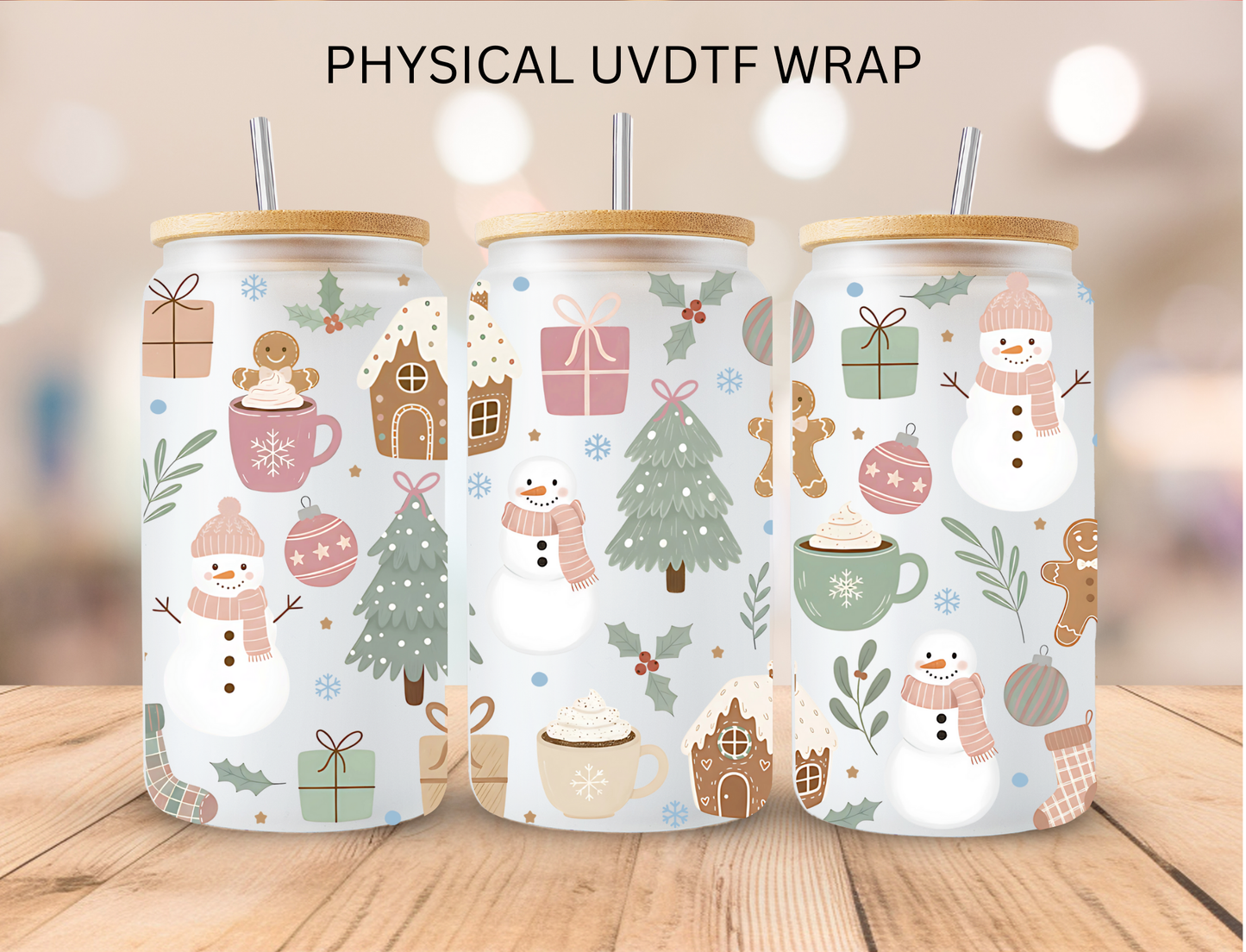 Christmas Pale Watercolor Snowman Mashup - 16 oz / 20 oz Libby UV DTF Wrap