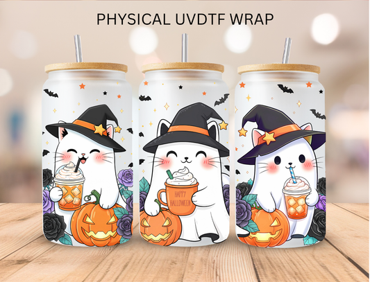 Halloween Ghost Coffee Cats - 16 oz / 20 oz Libby UV DTF Wrap