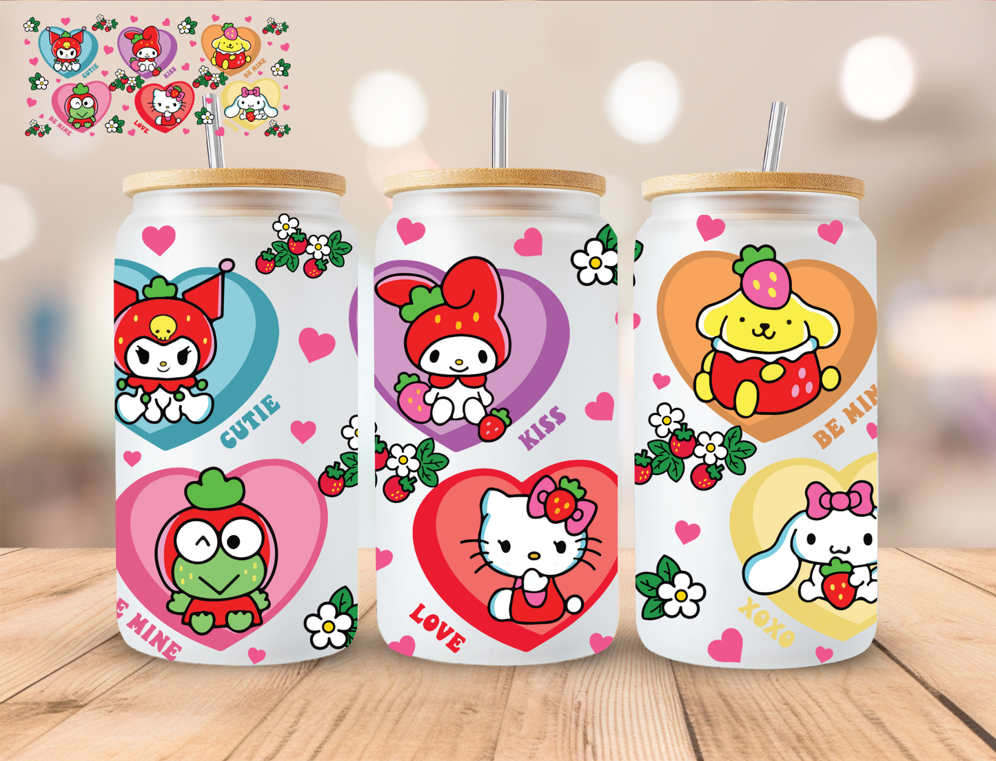 Strawberry Kitty Hearts - 16 oz / 20 oz Libby UV DTF Wrap