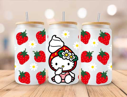 Strawberry Kitty - 16 oz / 20 oz Libby UV DTF Wrap