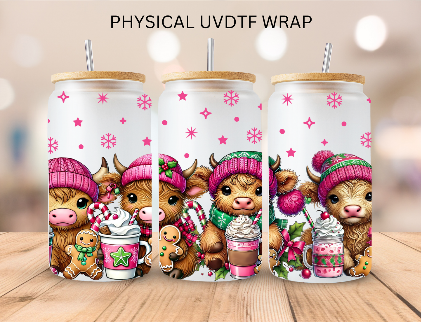 Christmas Pink Snowflakes and Cows - 16 oz / 20 oz Libby UV DTF Wrap