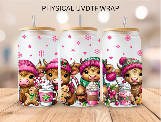 Christmas Pink Snowflakes and Cows - 16 oz / 20 oz Libby UV DTF Wrap
