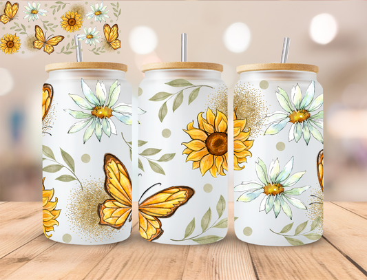 Watercolor Sunflower And Daisies - 16 oz / 20 oz Libby UV DTF Wrap