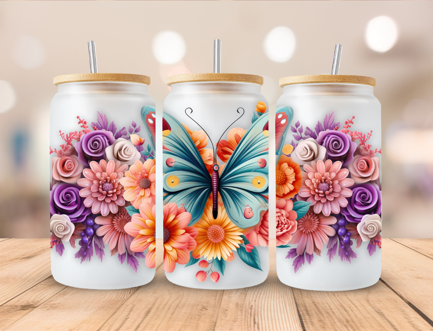 Floral Butterfly - 16oz Libby UV DTF Wrap