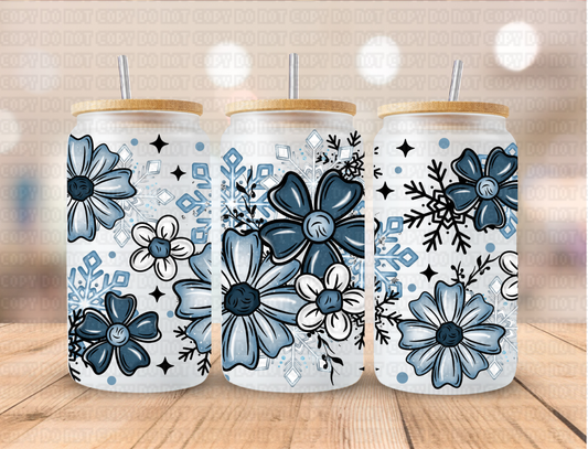 Blue Toned Floral Flowers - 16 oz / 20 oz Libby UV DTF Wrap