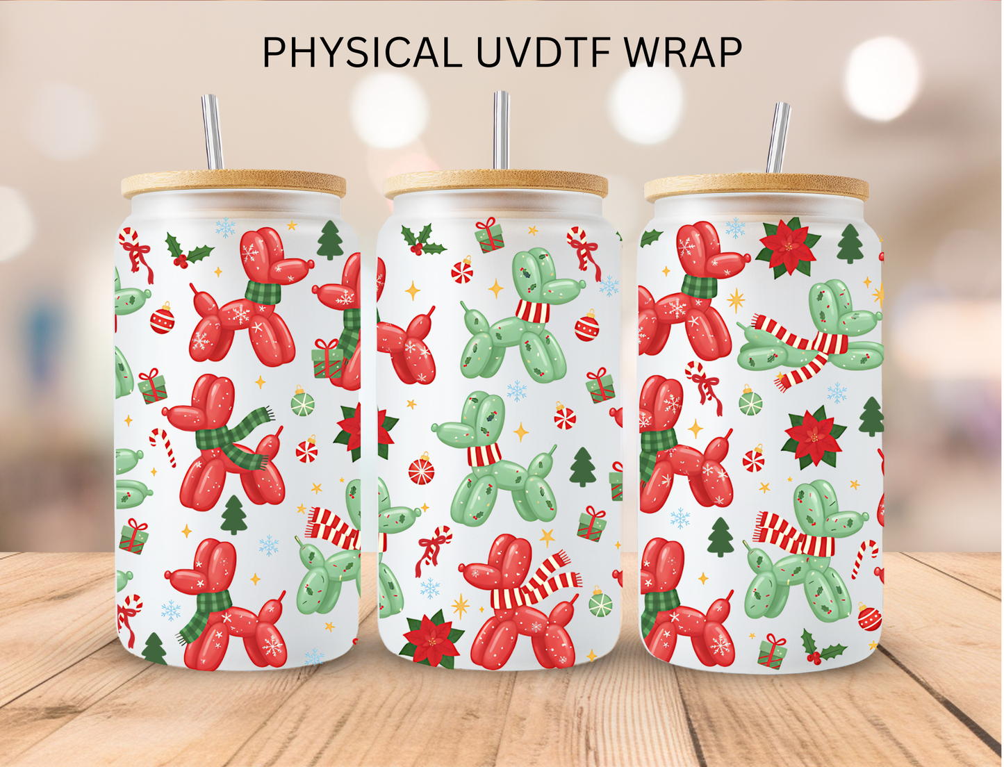 Christmas Red and Green Balloon Dogs - 16 oz / 20 oz Libby UV DTF Wrap