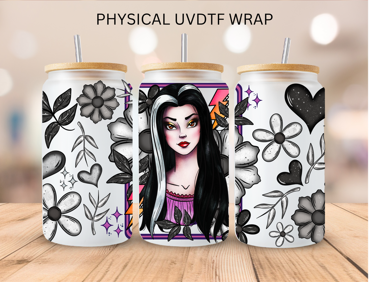 Black And White Floral Girl - 16 oz / 20 oz Libby UV DTF Wrap