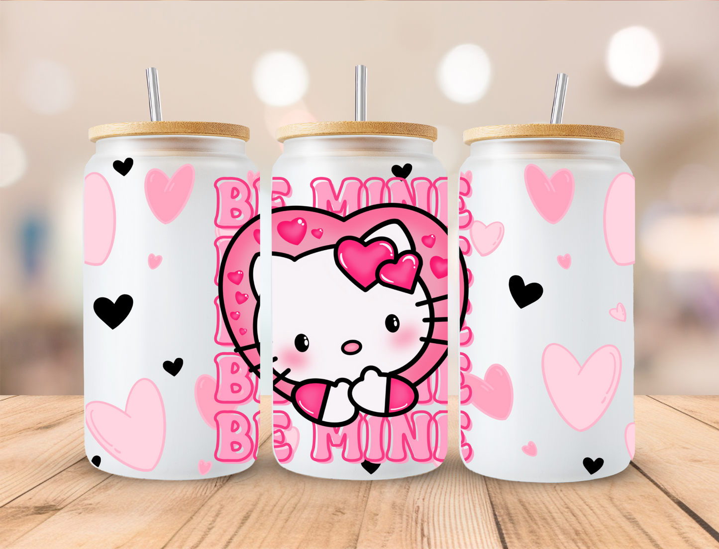 Valentines Pink Kitty Be Mine - 16 oz Libby UV DTF Wrap