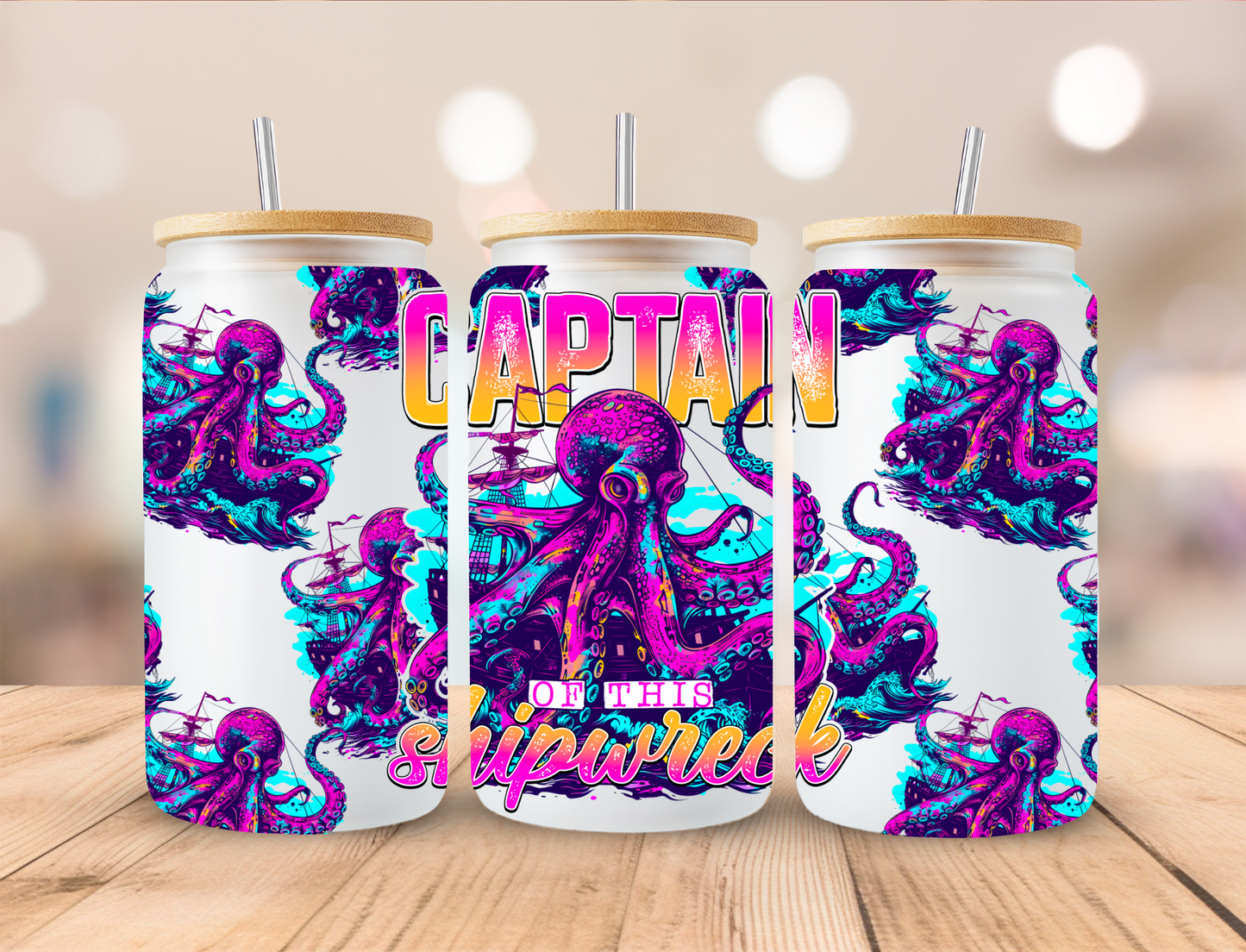 Octopus Captain Shipwreck - 16 oz / 20 oz Libby UV DTF Wrap EEE EXCLUSIVVE DESIGN