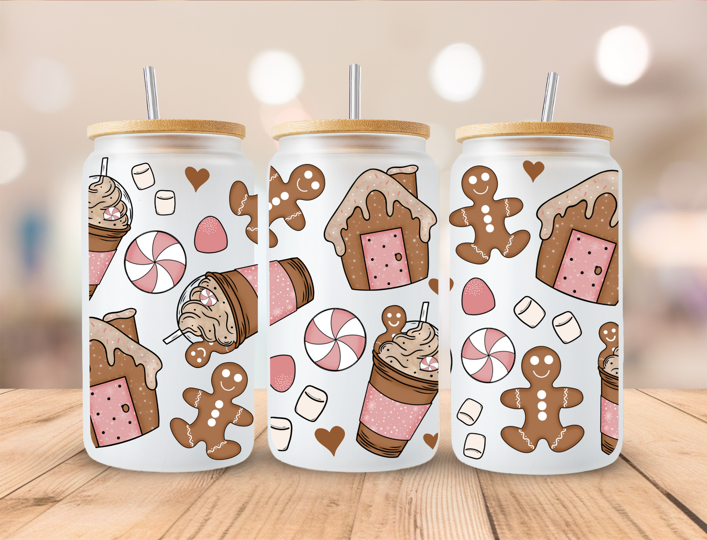 Christmas Pink Gingerbread - 16oz Libby UV DTF Wrap