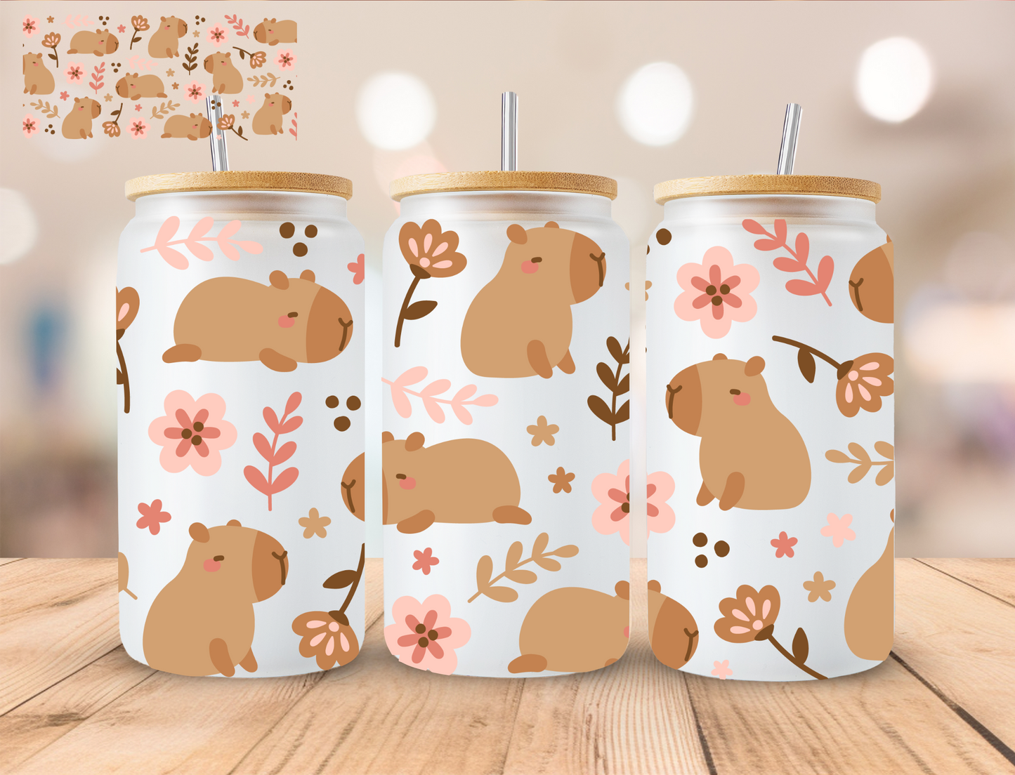 Floral Capybara - 16 oz / 20 oz Libby UV DTF Wrap