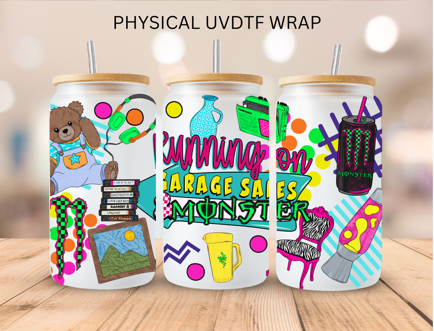 Running On Garage Sales And Monster - 16 oz / 20 oz Libby UV DTF Wrap