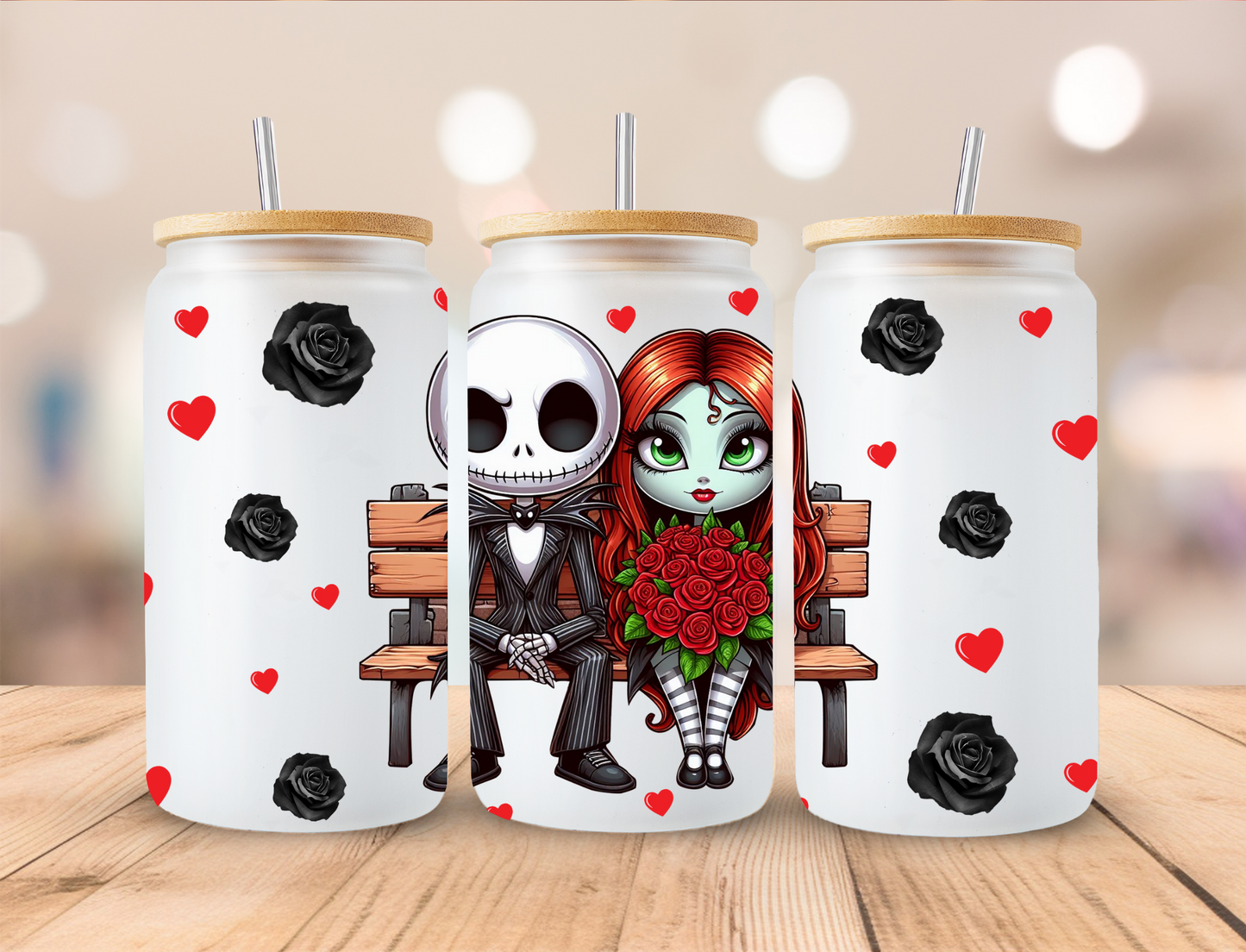 Valentines Black Roses Skeleton Couple - 16 oz / 20 oz Libby UV DTF Wrap