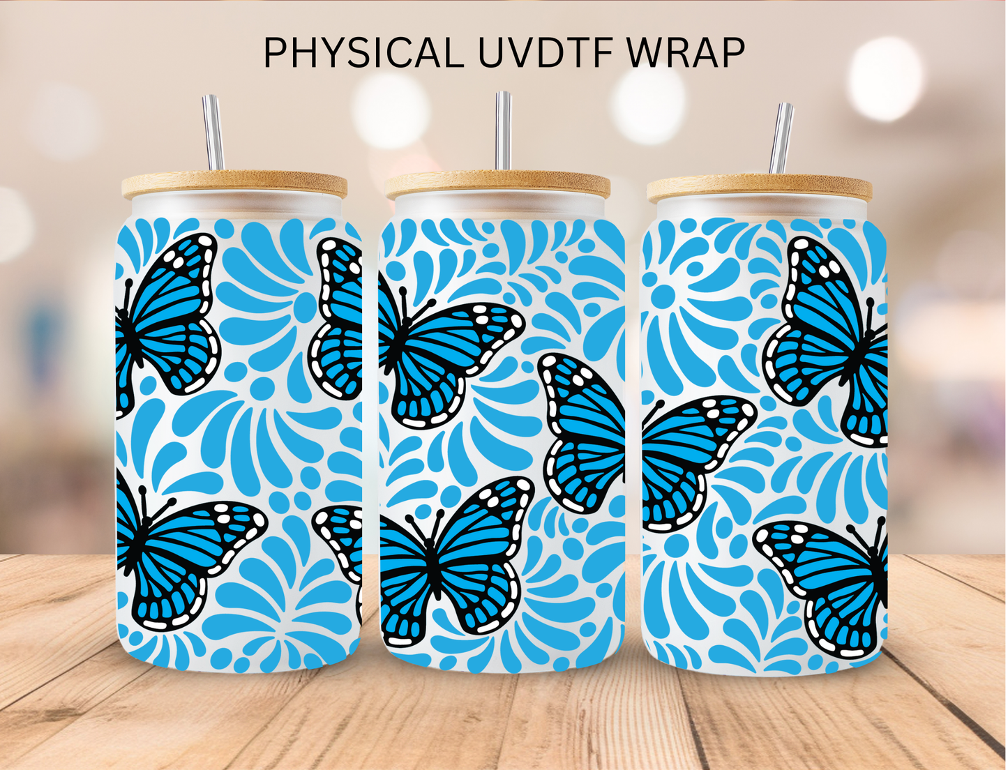 Light Blue Monarch Butterfly Talavera - 16 oz / 20 oz Libby UV DTF