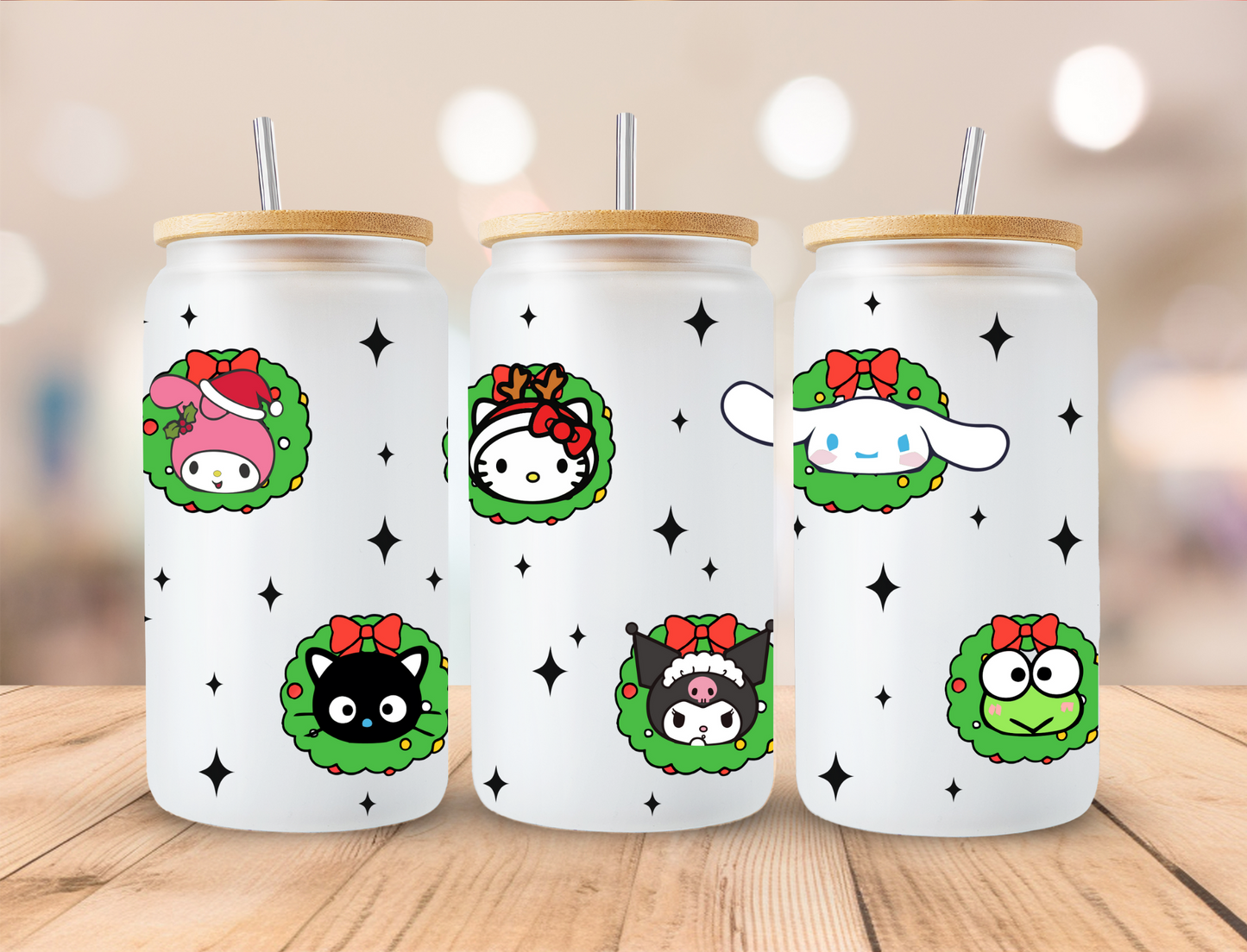 Christmas Kitties In Wreaths - 16oz Libby UV DTF Wrap