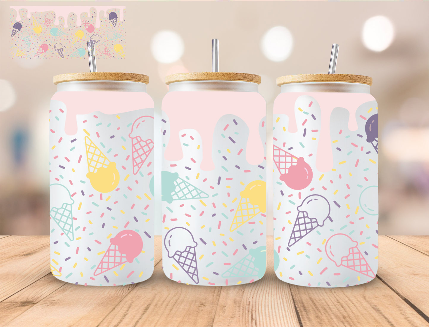 Ice Cream And Sprinkles - 16 oz / 20 oz Libby UV DTF Wrap