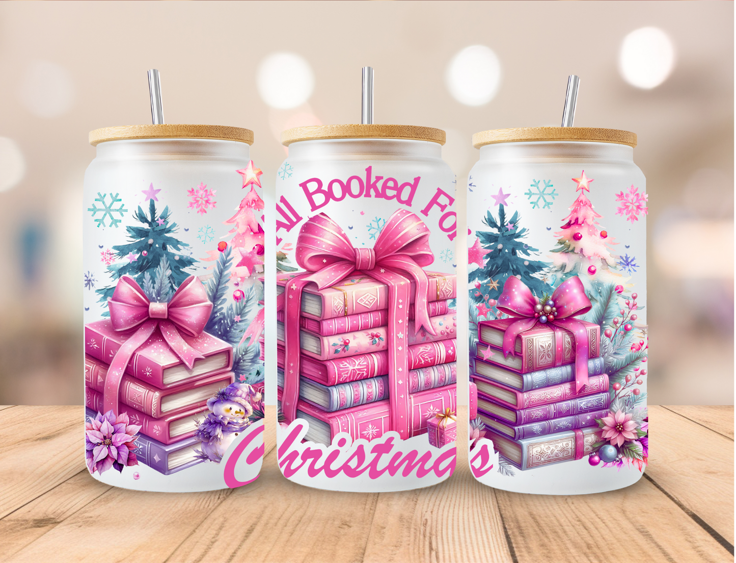 Christmas Pink Book Stack - 16 oz / 20 oz Libby UV DTF Wrap