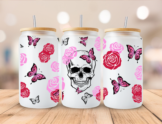 Pink And Red Skull Face - 16oz Libby UV DTF Wrap