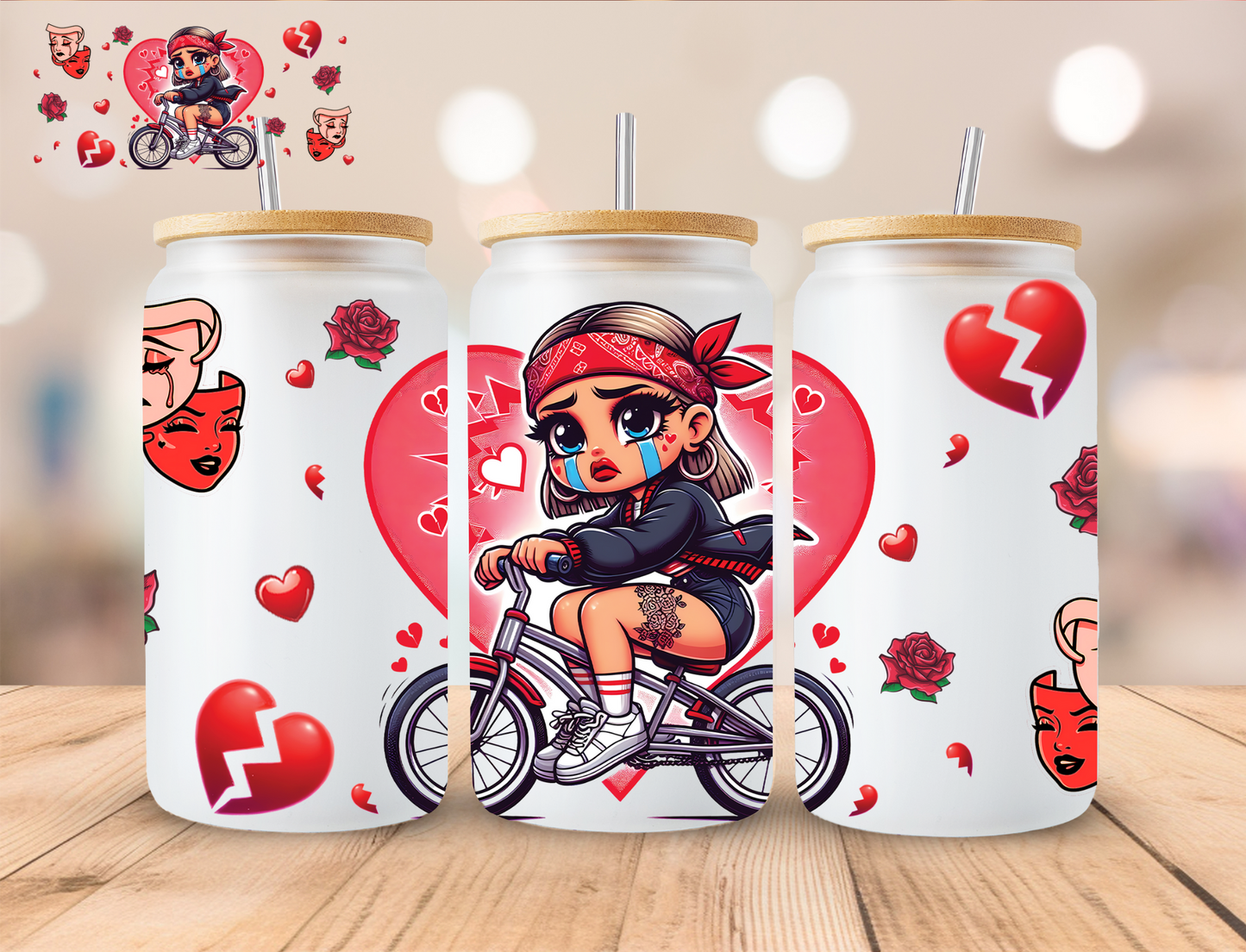 Sad Girl On Bike - 16 oz / 20 oz Libby UV DTF Wrap EXCLUSIVE DESIGN