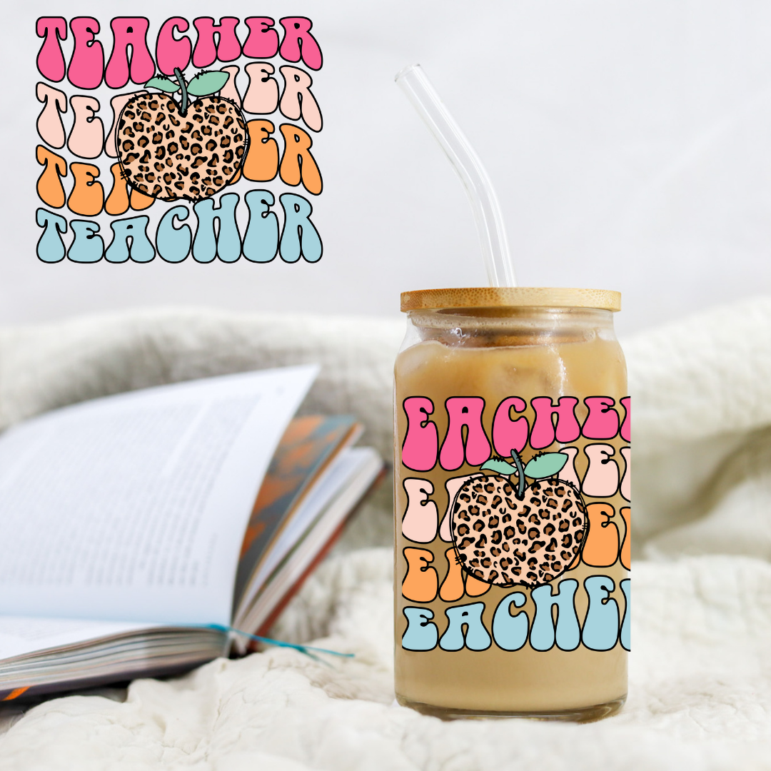 Bubbled Teacher Cheetah Print Apple Decal - UVDTF decal