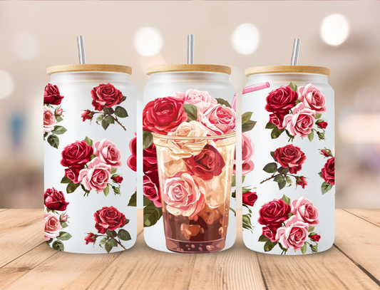 Iced Coffee Multi Roses - 16 oz / 20 oz Libby UV DTF Wrap