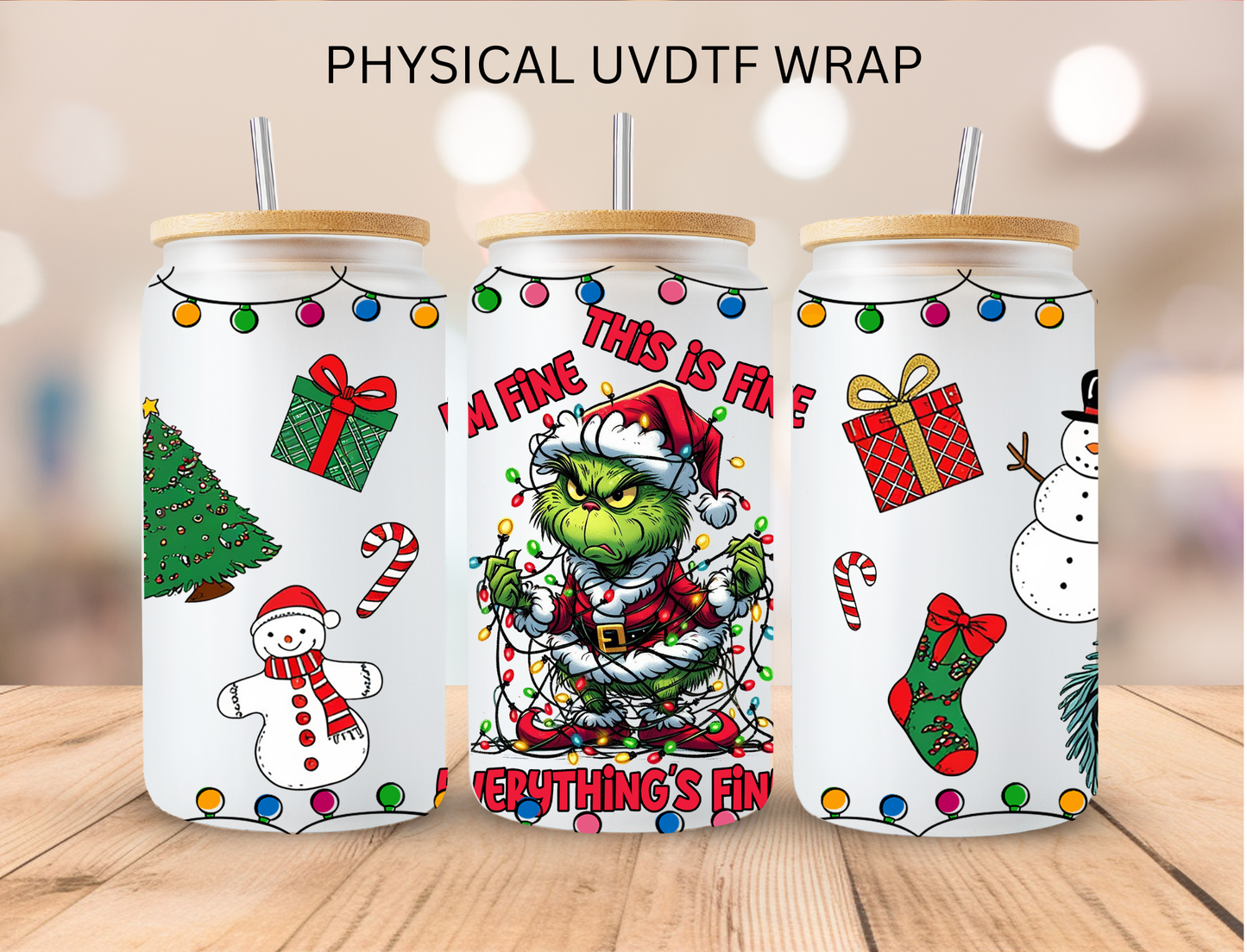 Christmas I'm Fine Mean Green 2 - 16 oz / 20 oz Libby UV DTF Wrap