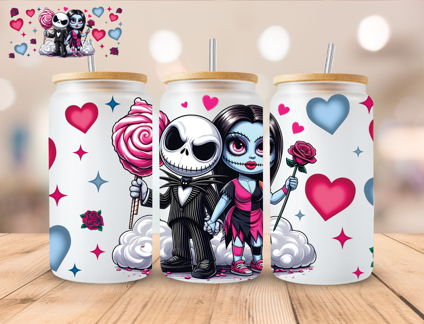 Skeleton Couple Candy And Rose - 16 oz / 20 oz Libby UV DTF Wrap EXCLUSIVE DESIGN