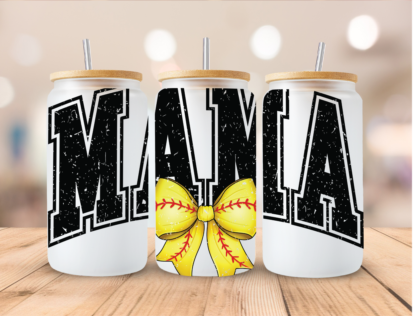 Mama Softball Coquette Bow Sports - 16 oz / 20 oz Libby UV DTF Wrap