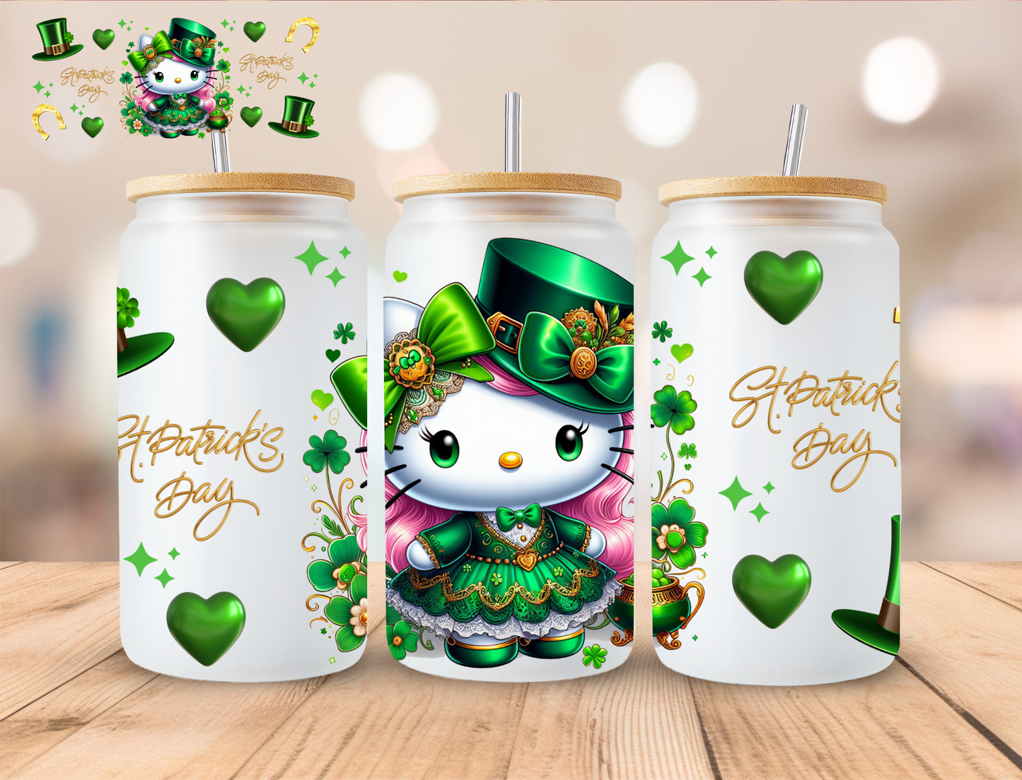 St. Patty's Day Kitty - 16 oz / 20 oz Libby UV DTF Wrap