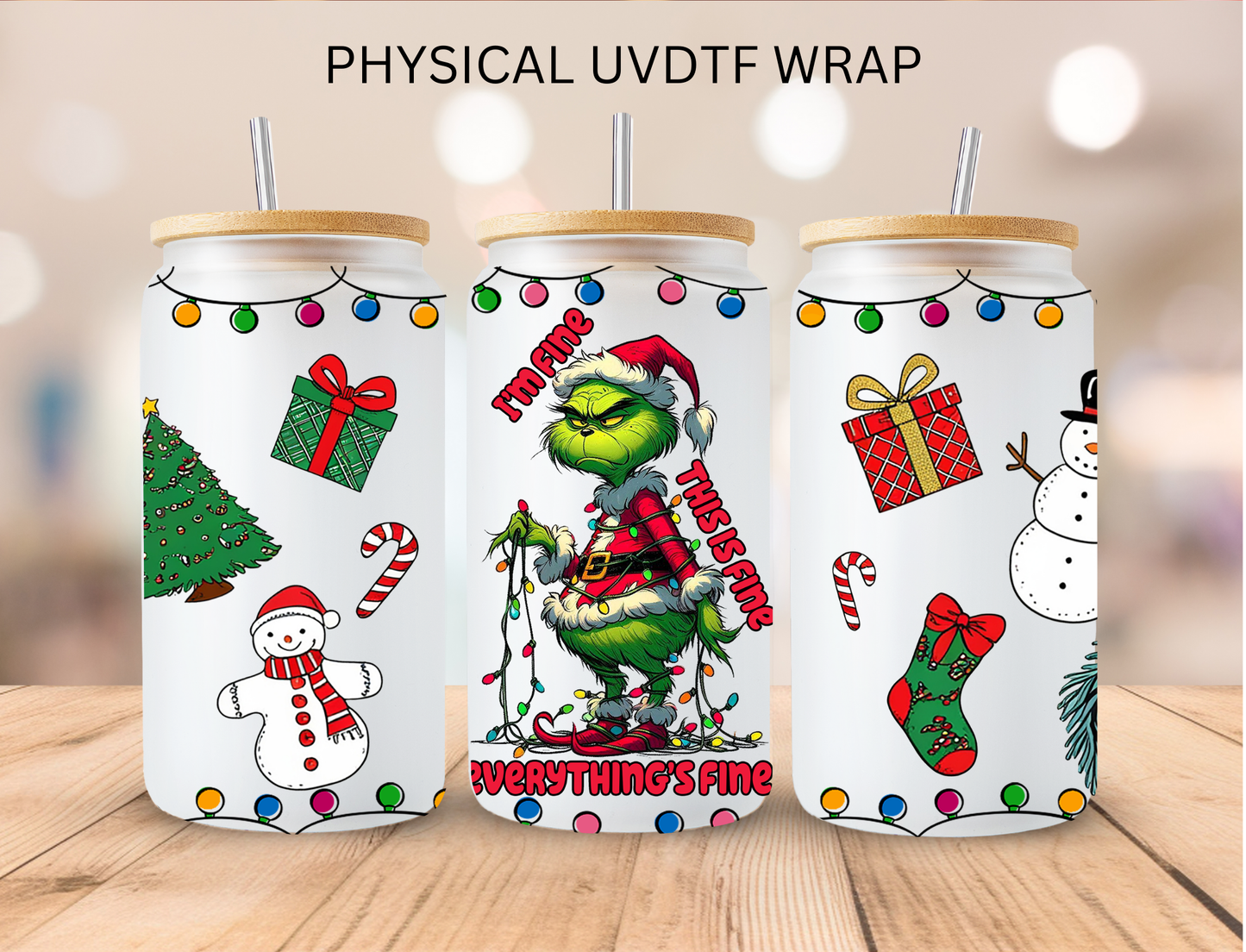 Christmas I'm Fine Mean Green 3 - 16 oz / 20 oz Libby UV DTF Wrap