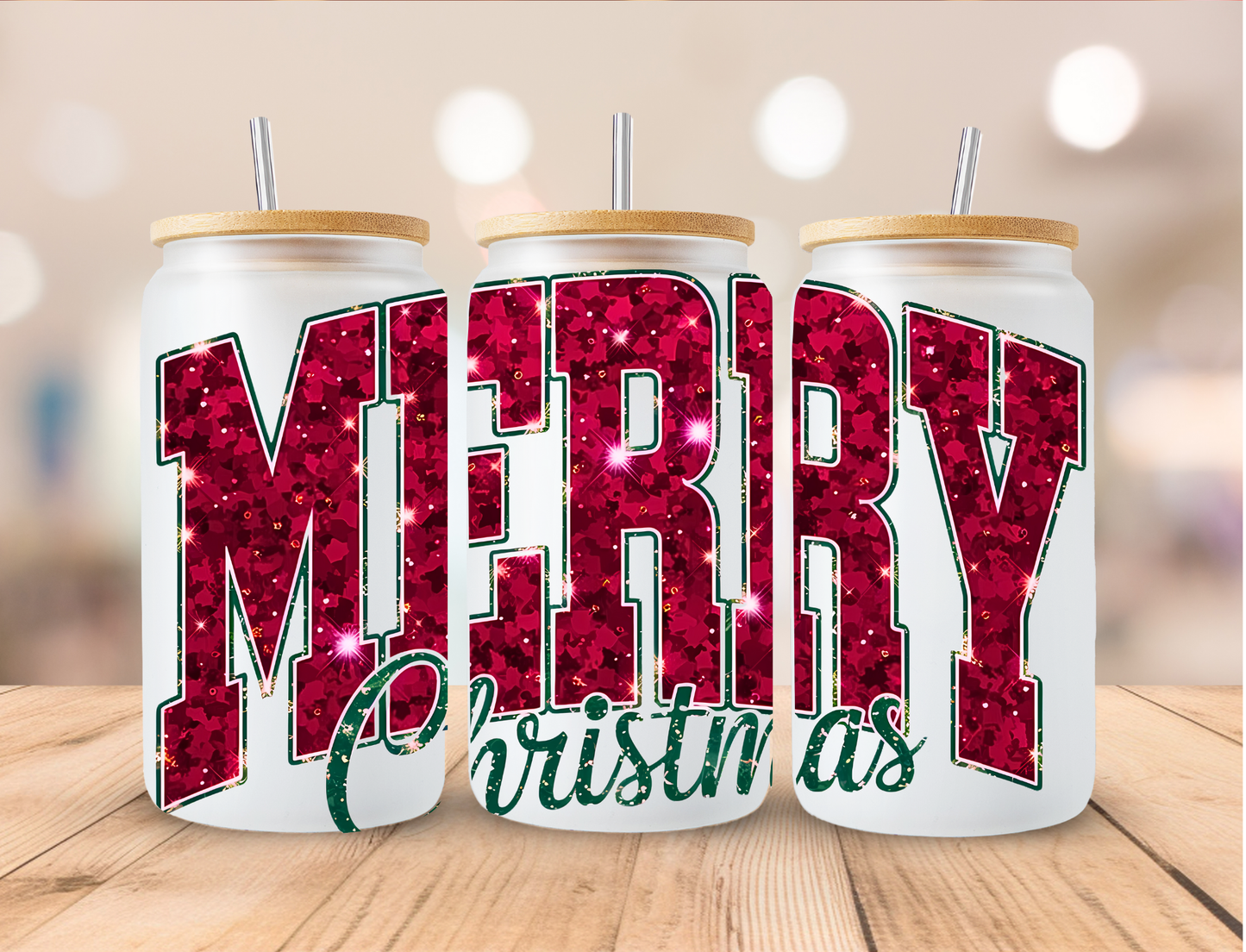 Sparkly Merry Christmas - 16 oz / 20 oz Libby UV DTF Wrap