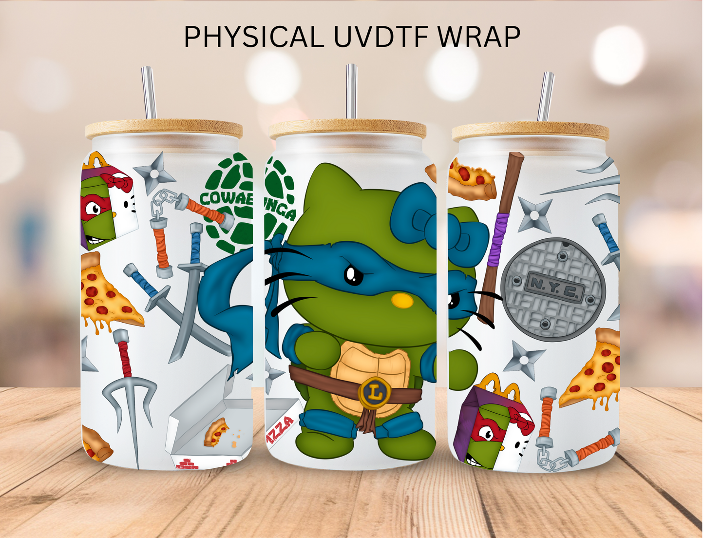 Blue Kitty Fighting Turtle - 16 oz / 20 oz Libby UV DTF Wrap
