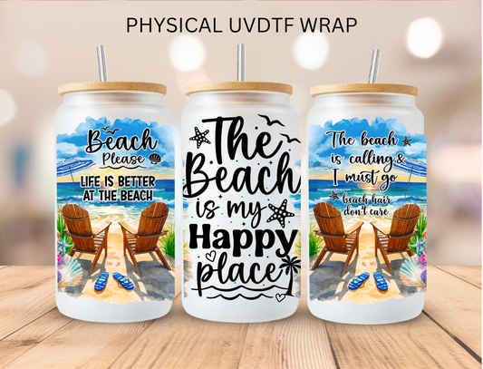 Summer Beach Happy Place Black - 16 oz / 20 oz Libby UV DTF Wrap