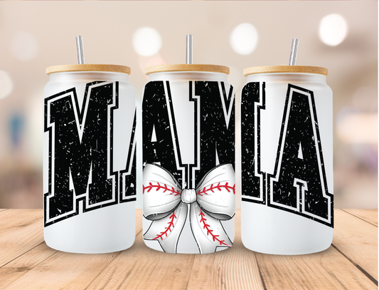 Mama Baseball Coquette Bow Sports - 16 oz / 20 oz Libby UV DTF Wrap