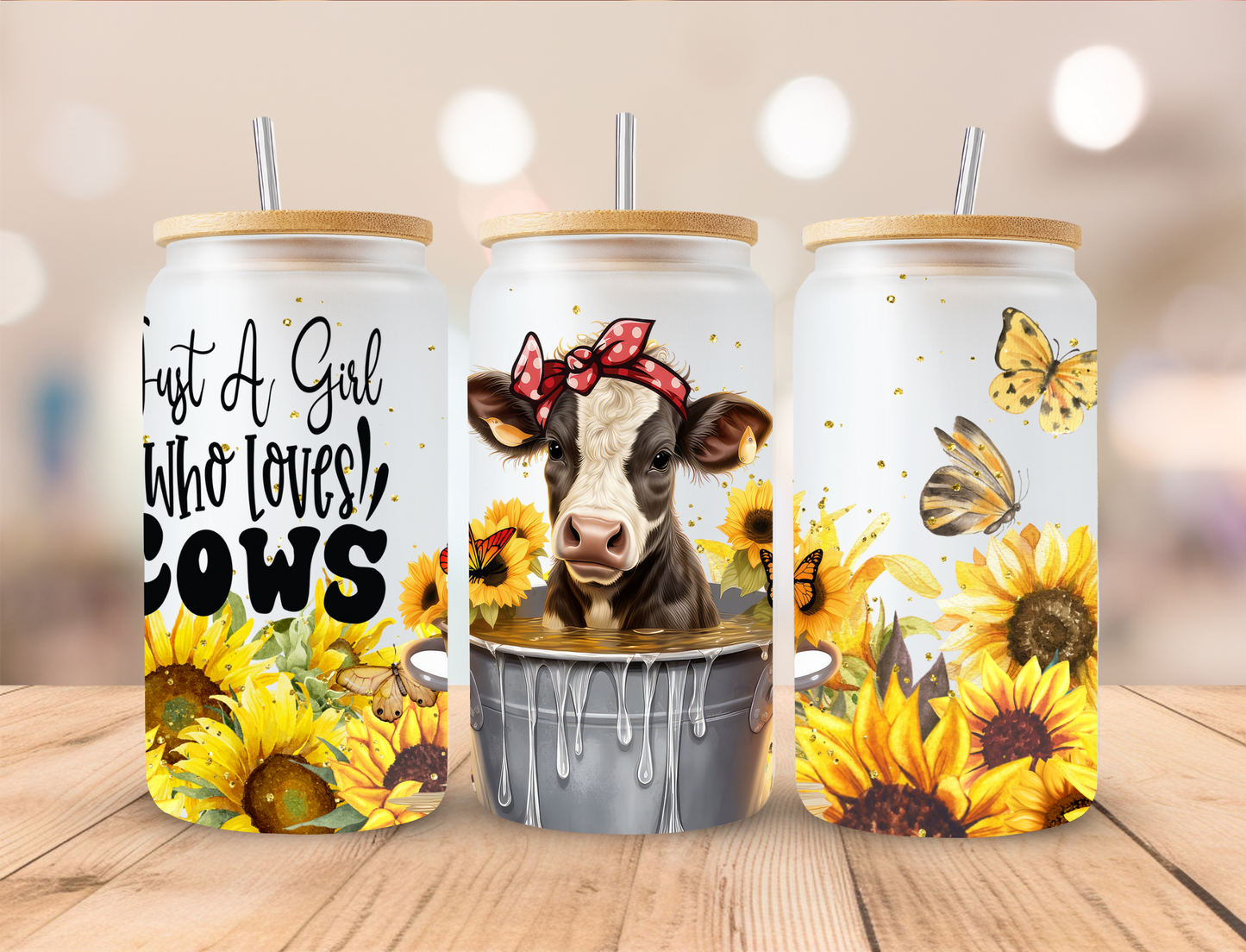 Sunflower Heifer Cow - 16 oz / 20 oz Libby UV DTF Wrap