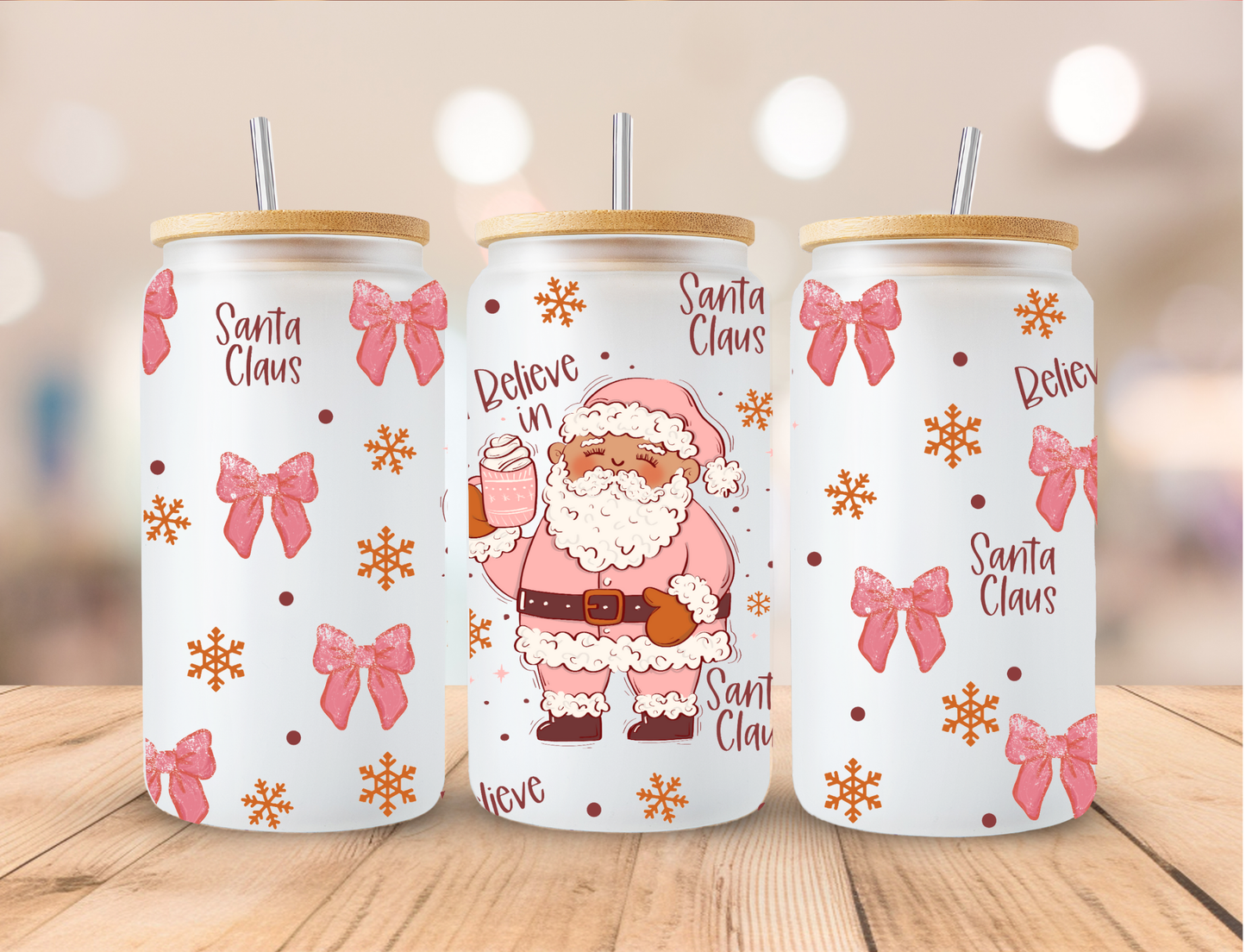 Christmas Retro Pink Santa - 16 oz / 20 oz Libby UV DTF Wrap