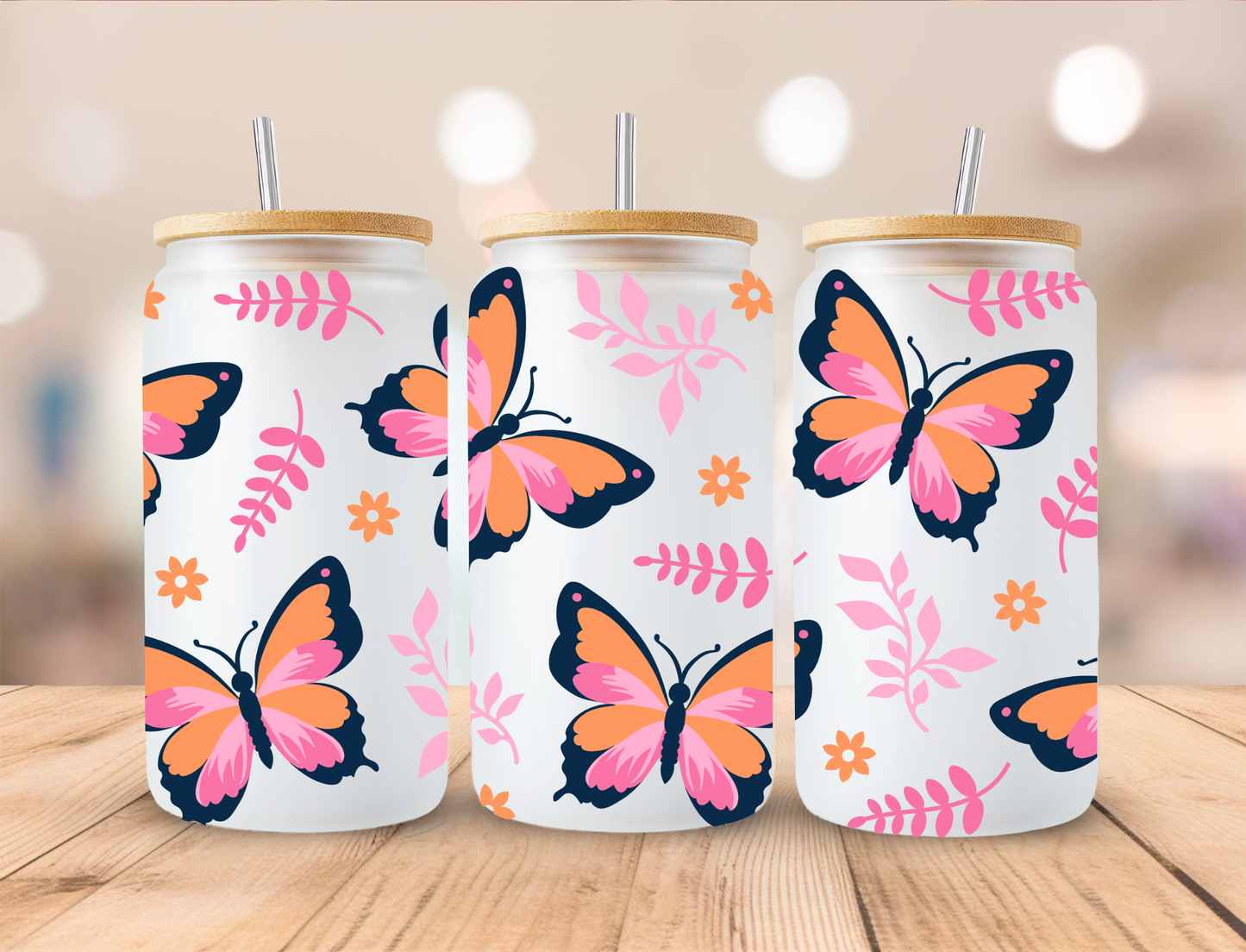 Orange/Pink Butterflies - 16 oz / 20 oz Libby UV DTF Wrap
