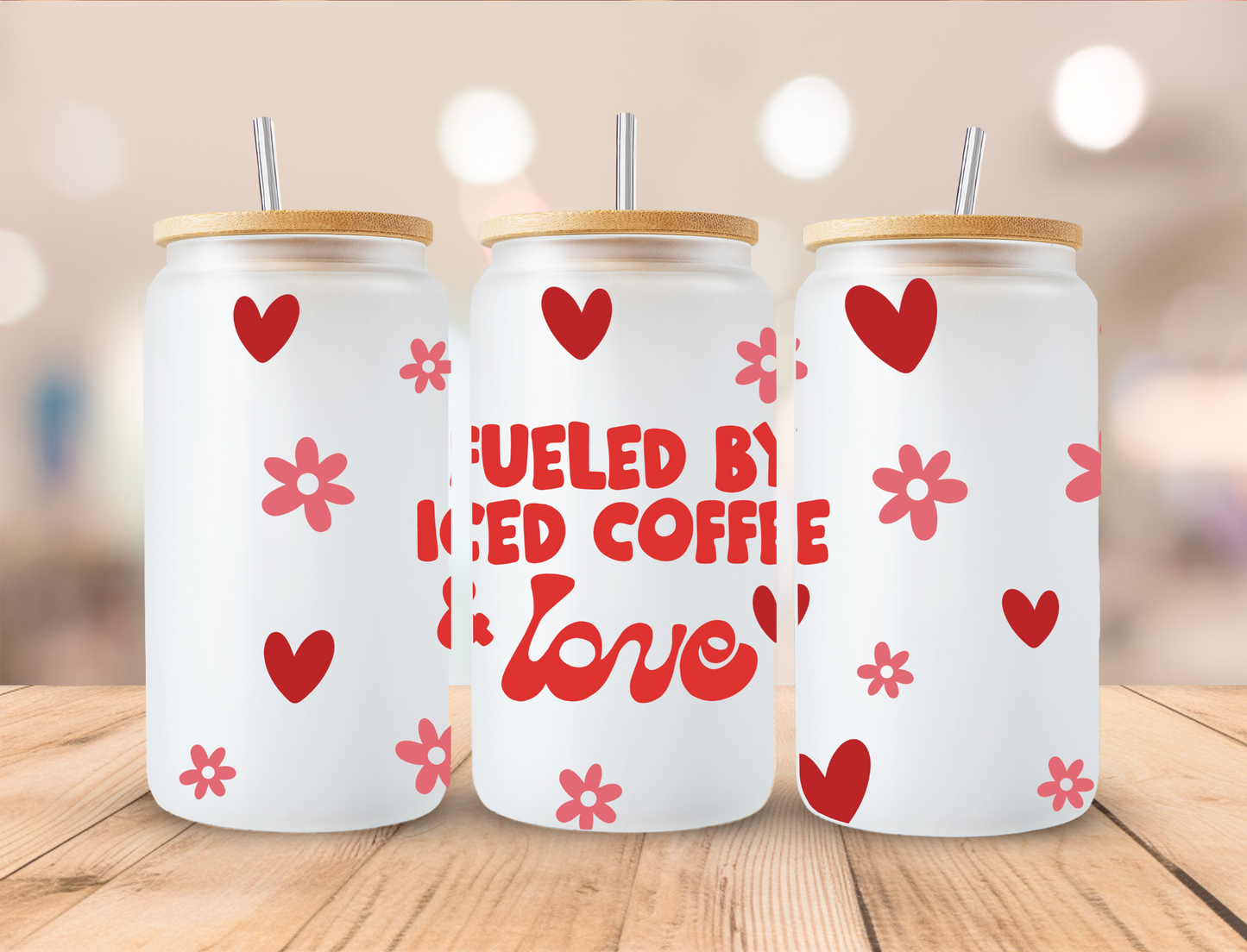 Valentine's Iced Coffee & Love - 16 oz Libby UV DTF Wrap