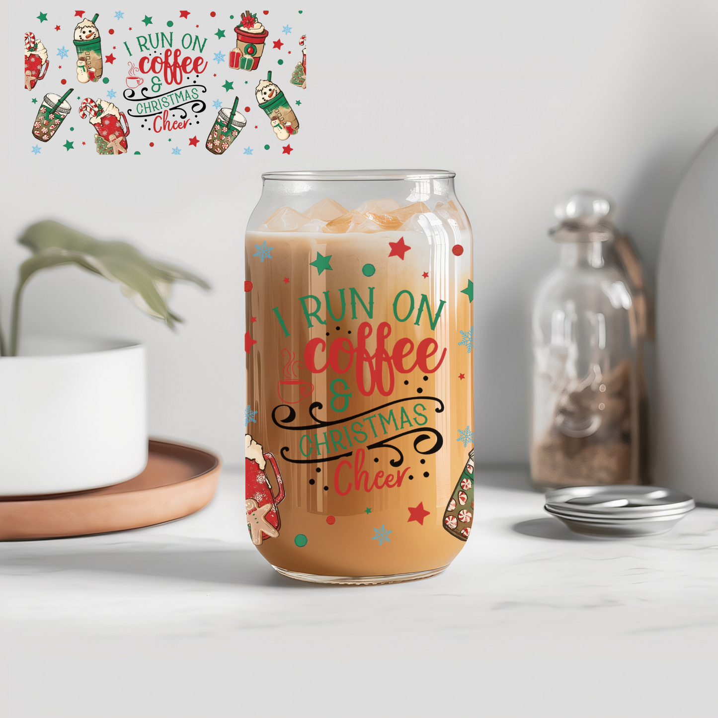 Run On Coffee And Christmas - 16 oz Libby UV DTF Wrap