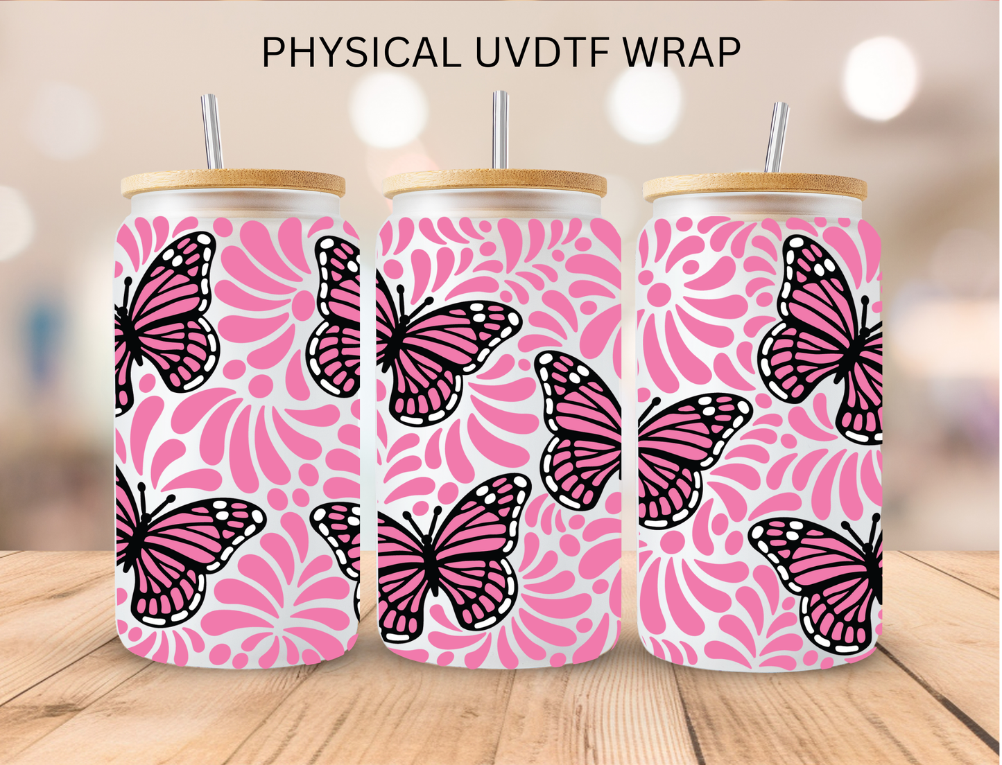 Pink Monarch Butterfly Talavera - 16 oz / 20 oz Libby UV DTF