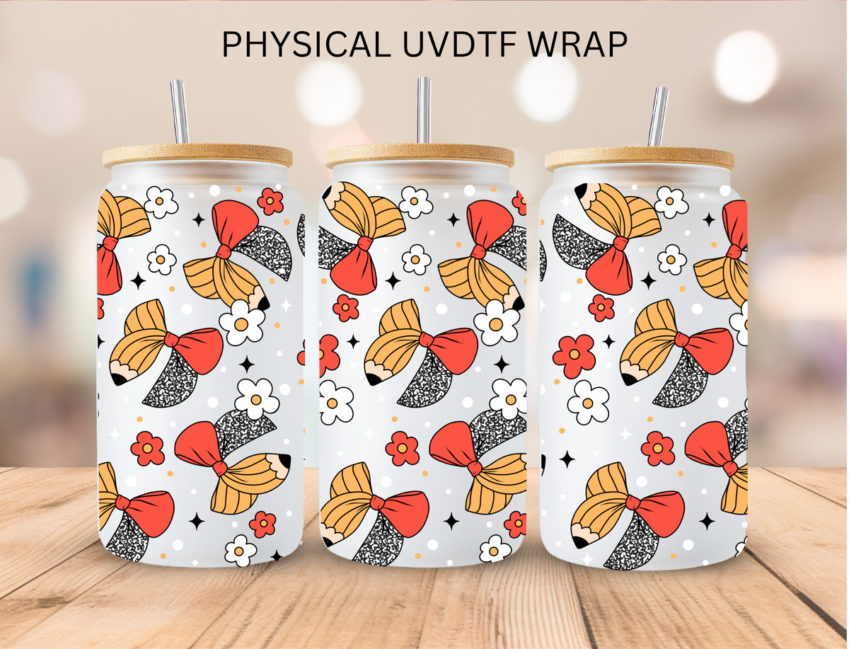 School Pencil Bows - 16 oz / 20 oz Libby UV DTF Wrap