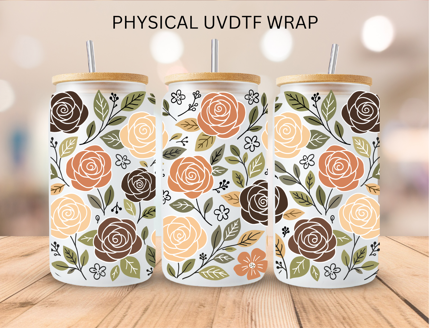 Brown Flowers - 16 oz / 20 oz Libby UV DTF Wrap