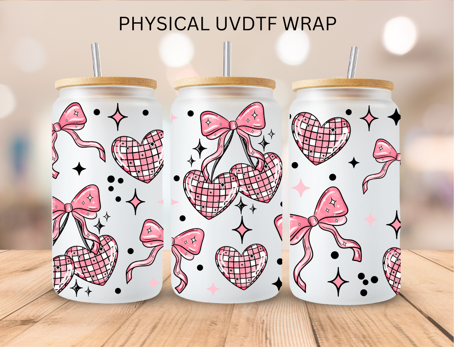 Valentines Disco Heart Cherries - 16 oz / 20 oz Libby UV DTF Wrap