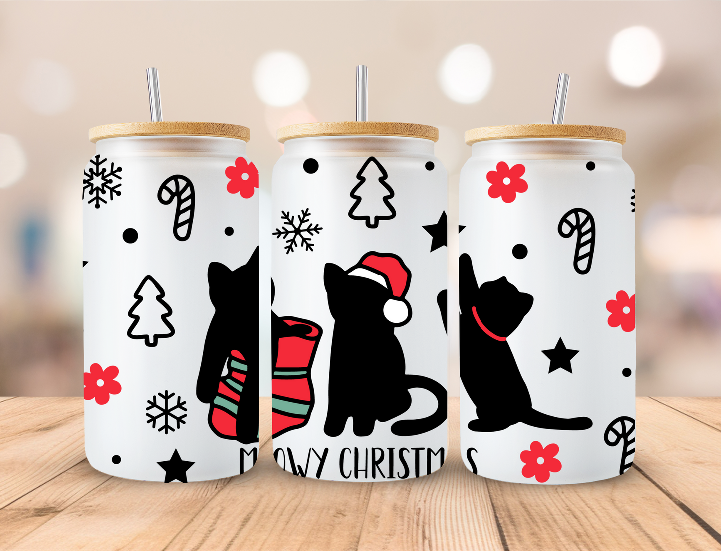 Meowy Christmas Kitty - 16oz Libby UV DTF Wrap RTS