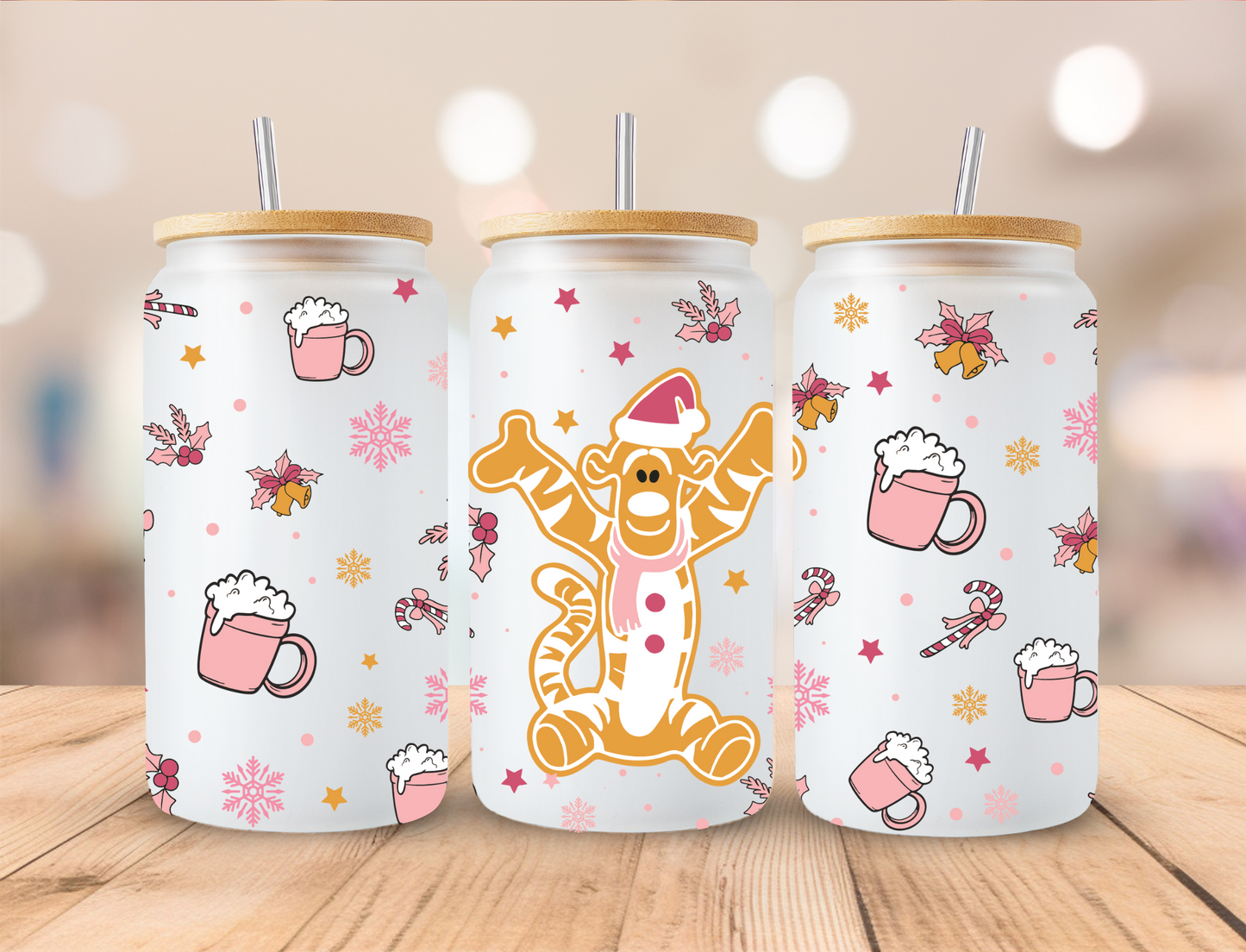 Christmas Cookie Tiger (Pink) - 16oz Libby UV DTF Wrap