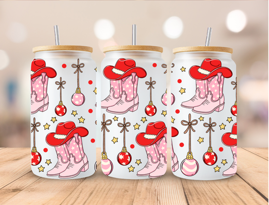 Christmas Pink Cowgirl Boots - 16 oz / 20 oz Libby UV DTF Wrap