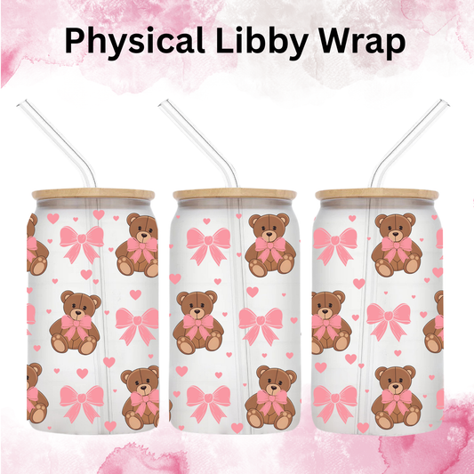 Valentines Pink Teddy Bear And Bows - 16 oz / 20 oz Libby UV DTF